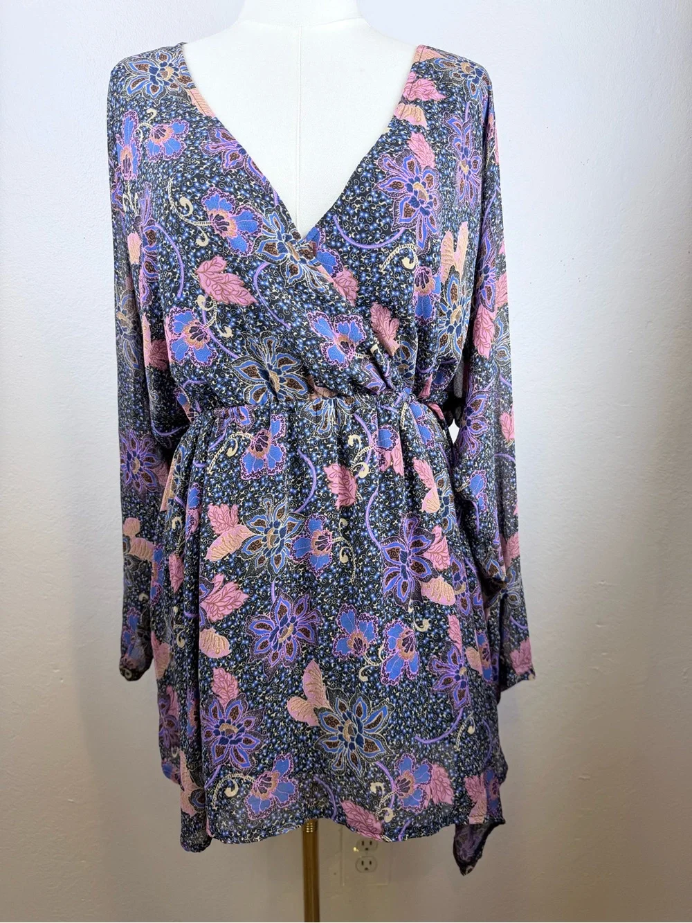 Free People Navy Floral Print Tunic with Lavender & Blush Accents